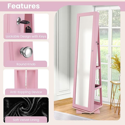 GOFLAME 360° Rotating Jewelry Armoire, Lockable Jewelry Cabinet with Full-Length Mirror & Inner Makeup Mirror, Standing Jewelry Storage Organizer with Rear Storage Shelves, Pink