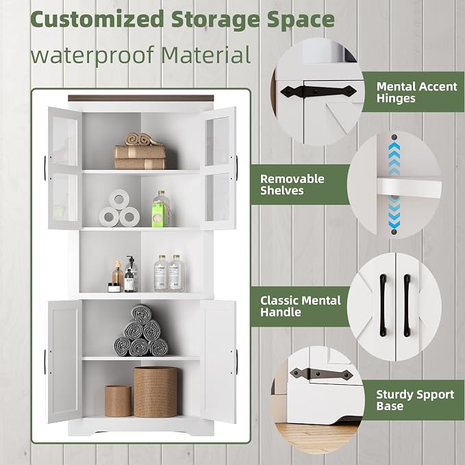 GarveeHome Tall Corner Cabinet, Farmhouse Corner Storage Cabinet with Glass Door & Adjustable Shelves, Space Saving Storage for Living Room, Kitchen, Bathroom, White