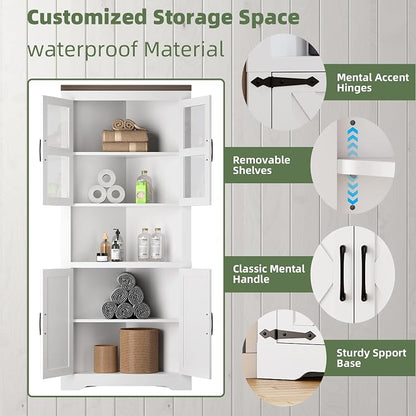 GarveeHome Tall Corner Cabinet, Farmhouse Corner Storage Cabinet with Glass Door & Adjustable Shelves, Space Saving Storage for Living Room, Kitchen, Bathroom, White