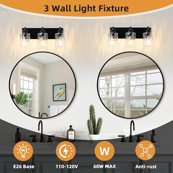 3 Light Bathroom Vanity Light Modern Black Bathroom Light Fixtures Over Mirror with Hammered Glass Lampshade for Kitchen Hallway