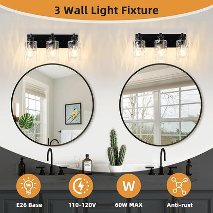 3 Light Bathroom Vanity Light Modern Black Bathroom Light Fixtures Over Mirror with Hammered Glass Lampshade for Kitchen Hallway