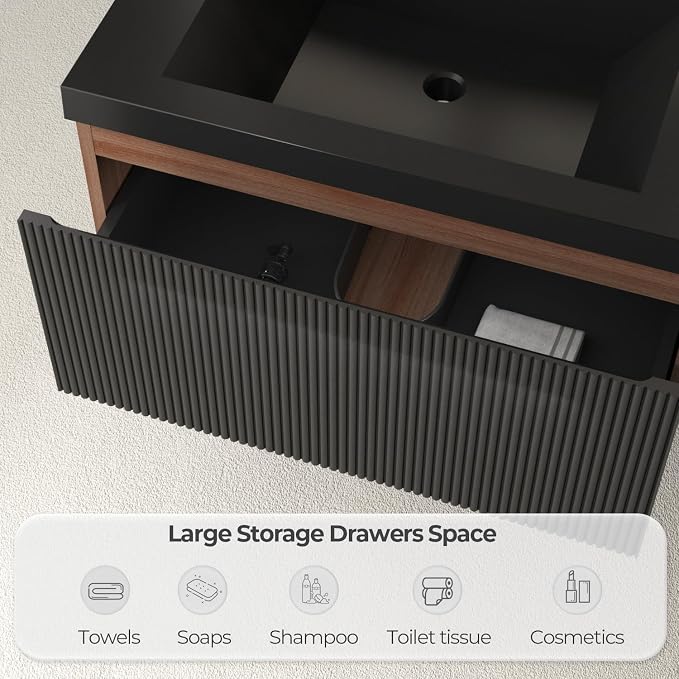 30 Inch Floating Bathroom Vanity with Sink, Wall Mounted Striped Storage Cabinet, Soft Close Drawer, Black Quartz Sand Basin, Fully Assembled, Smoked Walnut Finish
