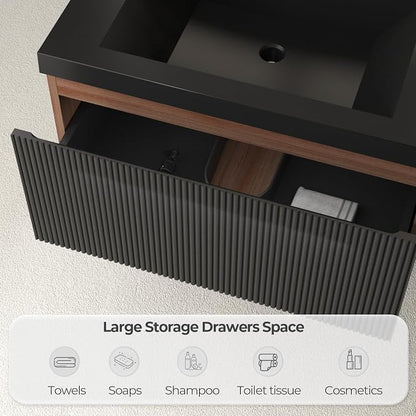 30 Inch Floating Bathroom Vanity with Sink, Wall Mounted Striped Storage Cabinet, Soft Close Drawer, Black Quartz Sand Basin, Fully Assembled, Smoked Walnut Finish