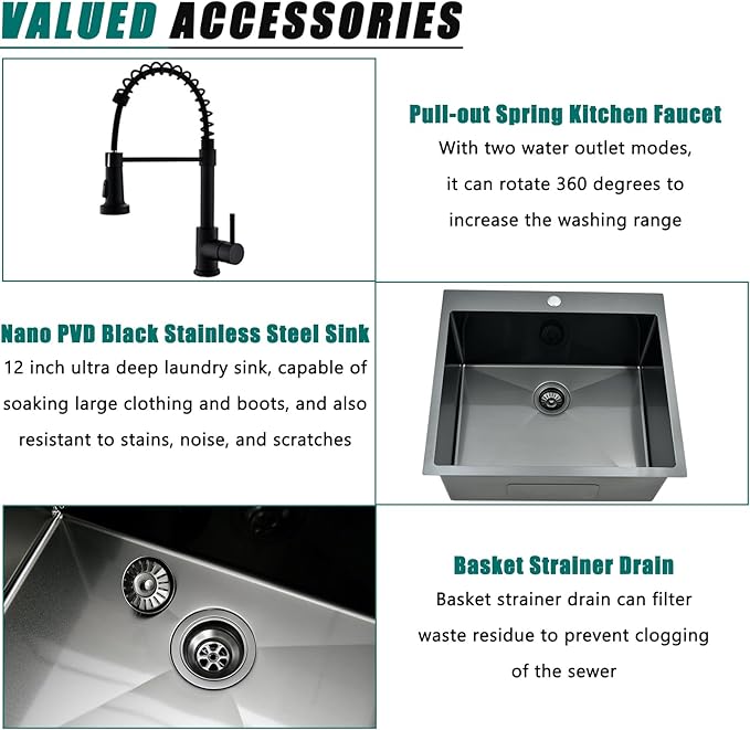 Black Drop In Laundry Sink with Faucet Combo, 25"x22"x12" Utility Sink Drop In Stainless Steel Laundry Sink 16 Gauge 12" Deep Single Bowl Kitchen Sinks