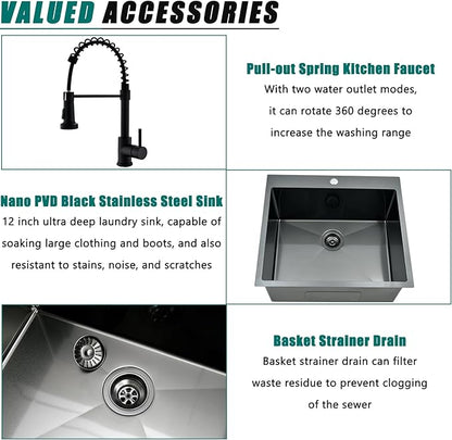 Black Drop In Laundry Sink with Faucet Combo, 25"x22"x12" Utility Sink Drop In Stainless Steel Laundry Sink 16 Gauge 12" Deep Single Bowl Kitchen Sinks