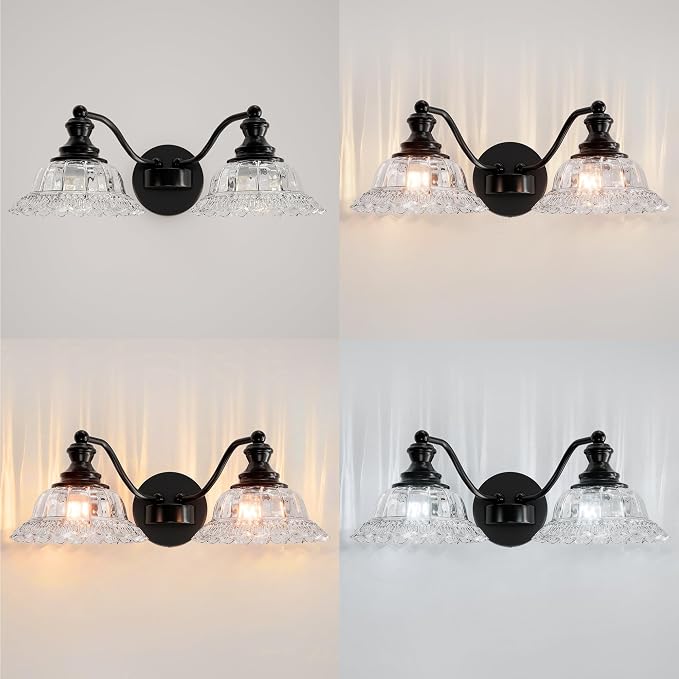 2 Lights Bathroom Vanity Light Fixtures, Vintage Black Vanity Lights for Bathroom, Farmhouse Antique Light Fixtures Over Mirror with Crystal Glass Shade