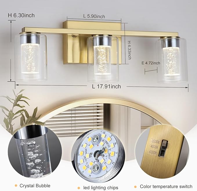 3-Light Bathroom Light Fixtures, Brushed Gold Dimmable Vanity Light with Clear Glass Shade, Crystal LED Bathroom Lights Over Mirror for Bedroom, Living Room, Hallway, Farmhouse
