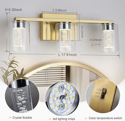 3-Light Bathroom Light Fixtures, Brushed Gold Dimmable Vanity Light with Clear Glass Shade, Crystal LED Bathroom Lights Over Mirror for Bedroom, Living Room, Hallway, Farmhouse
