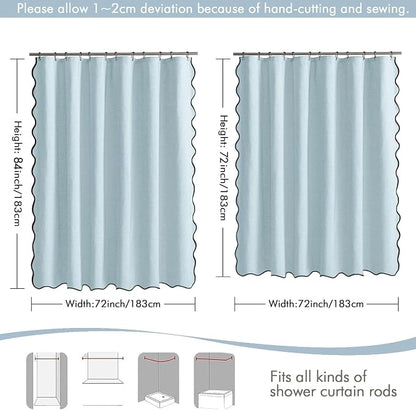 MIULEE 72"x84" Extra Long Scalloped Linen Shower Curtain Fog Blue | Linen Textured, Waterproof, Washable, 12 Metal Hooks, Heavy Duty Cloth, Black Border, Shower Curtain for Bathroom Bathtub