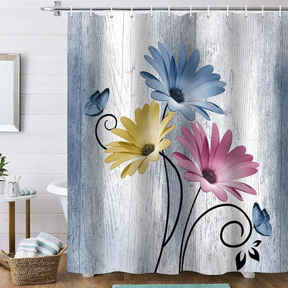 Onalasyc 4PCS Hot Pink Daisy Bathroom Sets with Shower Curtain and Rugs | Country Floral Butterfly Shower Curtain Set,Modern Bathroom Decor Shower Curtains Set with Rugs Toilet Lid Cover and 12 Hooks