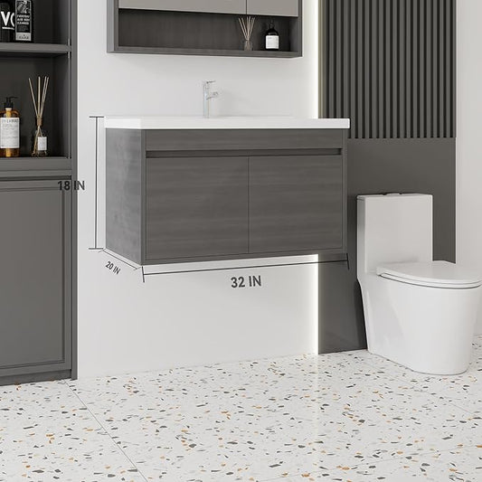 32'' Bathroom Vanity with Ceramic Sink Combo, Wall Mounted Small Bathroom Vanity with Soft-Close Door Modern Floating Cabinet, Pop-up Drain, P-Trap Included, GreyWalnut(No Faucet)