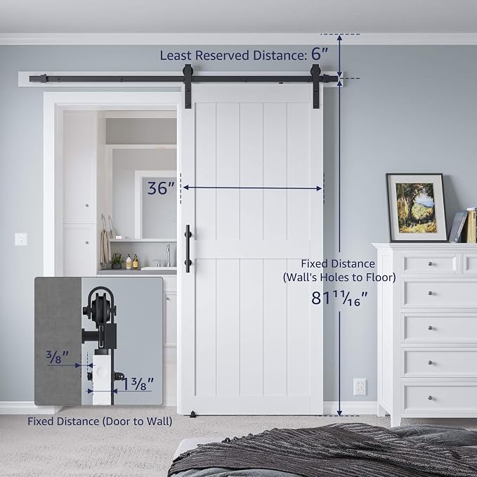 36 x80in MDF Sliding Barn Door with 6.6ft Barn Door Hardware Kit & Handle | White Solid Barn Door Slab Covered with Water-Proof PVC Surface, Pre-Drilled Holes Easy Assembly, H-Frame