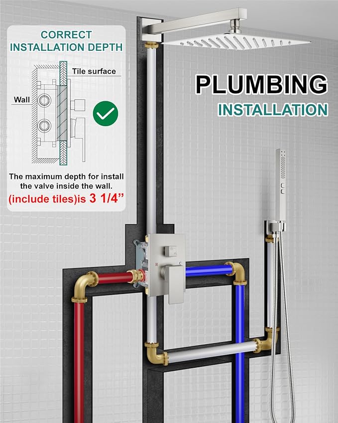 Shower Faucet Set Rainfall Shower System with Square Showerhead and Handle Set Fixture with 2 in 1 Function Handheld Sprayer Wall Mounted Trim Repair Kit Rough-in Valve 10 Inch Brushed Nickel