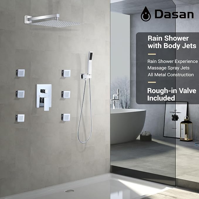 DASAN Full Body Shower System with 6 PCS Body Spray Jets & 12'' Rain Overhead Shower & Handheld, In Wall Rain Shower System Polished Chrome Shower Faucets Sets Complete with Valve, SA-SS03ACH-S12W