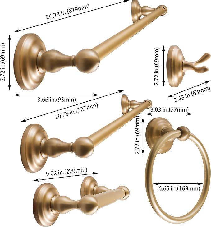 SENTO ROBIKI Gold Bathroom Accessories Set, Bath Hardware, Includes Robe Hook, Toilet Paper Holder, Towel Ring, 18” & 24” Towel Bar, Duty Metal Bath Hardware Set Wall Mounted (5-Piece, Satin Brass)