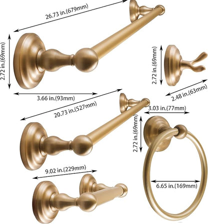 SENTO ROBIKI Gold Bathroom Accessories Set, Bath Hardware, Includes Robe Hook, Toilet Paper Holder, Towel Ring, 18” & 24” Towel Bar, Duty Metal Bath Hardware Set Wall Mounted (5-Piece, Satin Brass)