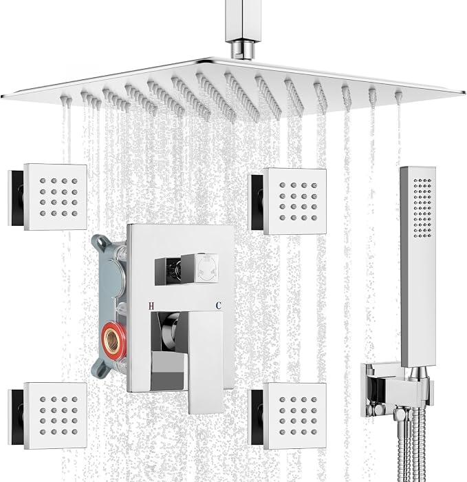 gotonovo Ceiling Shower System with 4pcs Full Body Jets,Polished Chrome | SUS304 12’’ Rain Shower Head with Handheld Spray,Brass Body Message Jets,Ceiling Mount,Rough-in Valve and Trim Kit,All Metal