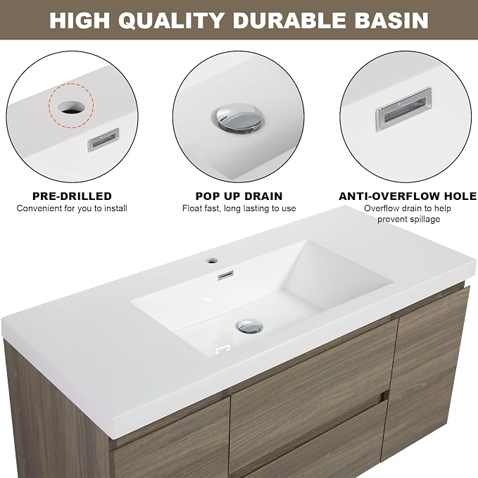 Pre-Assembled 48" Floating Bathroom Vanity with Sink, Ash Grey | Wall-Mounted Bathroom Vanity with Solid Surface Top Basin, 2 Soft Close Drawers and 2 Doors, Easy to Install & Clean