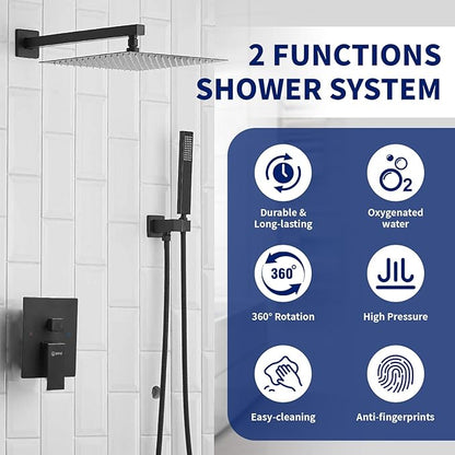 BWE Black Shower Faucet Set, 12 Inch Square Rain Shower Head and Handle Set Bathroom Shower System Sets Complete Combo 2-Functions Pressure Balancing Wall Mount Rainfall Shower Mixer Valve