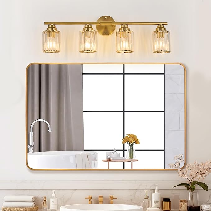 4-Light Gold Bathroom Light Fixtures, 29.1" Bathroom Vanity Light with Clear Crystal Shades, E26 Base Modern Wall Lighting Sconces, Vanity Lights for Bathroom Powder Room