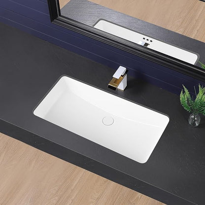 Undermount Bathroom Sink 32x17 Inch Small Bathroom Sink White Porcelain Ceramic Bathroom Under Counter Lavatory Vanity Sink Basin Rectangular Undermount Sinks with Overflow