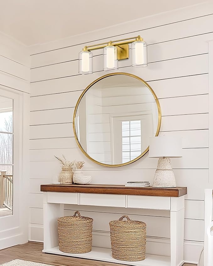 HWH 3-Light Bathroom Vanity Light, Clear Glass, Dimmable, 5HLT63B-3W-LED BG | 5CCT, Brushed Gold, 18W, Bathroom Light Fixtures Antique Brass Vanity Light, Vanity Lights, Dimmable Integrated LED Lighting