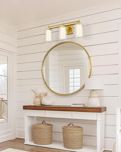 HWH 3-Light Bathroom Vanity Light, Clear Glass, Dimmable, 5HLT63B-3W-LED BG | 5CCT, Brushed Gold, 18W, Bathroom Light Fixtures Antique Brass Vanity Light, Vanity Lights, Dimmable Integrated LED Lighting