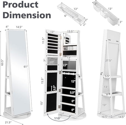 CHARMAID 360° Swivel Jewelry Armoire with Full Length Mirror, Rear Storage Shelves, Lockable Standing Jewelry Cabinet Organizer with Interior Vanity Mirror and 3-Color Lights (White)