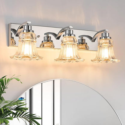 Vintage 3-Light Bathroom Vanity Light, Chrome Bathroom Light Fixtures with Floral Clear Glass Shades, Antique Wall Sconce Fixtures for Dressing Table, Bedroom