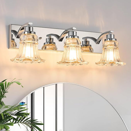 Vintage 3-Light Bathroom Vanity Light, Chrome Bathroom Light Fixtures with Floral Clear Glass Shades, Antique Wall Sconce Fixtures for Dressing Table, Bedroom