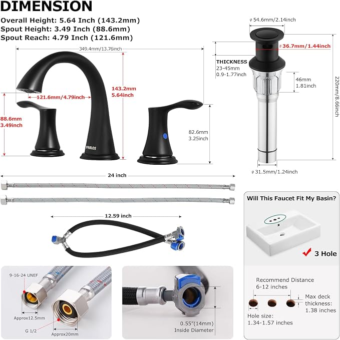 Bathroom Sink Faucet 8 Inch Widespread for Vanity, Matte Black | Mid Arc, 2 Handle Lead-Free Deck Mount Bathroom Faucet with Pop Up Drain Supply Lines, for 3 Hole Lavatory Utility Sink