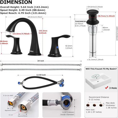 Bathroom Sink Faucet 8 Inch Widespread for Vanity, Matte Black | Mid Arc, 2 Handle Lead-Free Deck Mount Bathroom Faucet with Pop Up Drain Supply Lines, for 3 Hole Lavatory Utility Sink