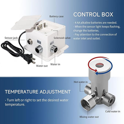 Touchless Bathroom Sink Faucet Automatic Motion Sensor Hands Free Faucet with Hole Cover Plate and Temperature mixing water valve,Commercial Solid Brass Faucet,1 Hole or 3 Hole, AC/DC Powered (Nickel)