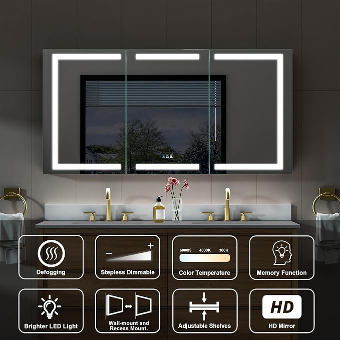 60" X 30" Bathroom Mirror Medicine Cabinet with 3X Magnification Makeup Mirror, LED Mirrored Cabinet, Bathroom Storage Mirror Cabinet, Recessed or Surface, Three Opening Doors