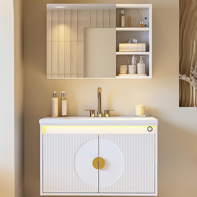 IRONCK Floating Bathroom Vanity with Sink, Mirror Medicine Cabinet, LED Strip Light, 30 Inches Modern Wall Mounted Sink Cabinets & Mirror Cabinets Set with Large Storage Space, White