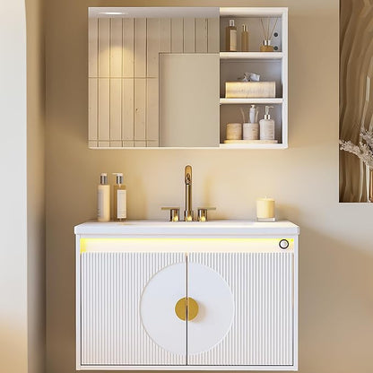 IRONCK Floating Bathroom Vanity with Sink, Mirror Medicine Cabinet, LED Strip Light, 30 Inches Modern Wall Mounted Sink Cabinets & Mirror Cabinets Set with Large Storage Space, White