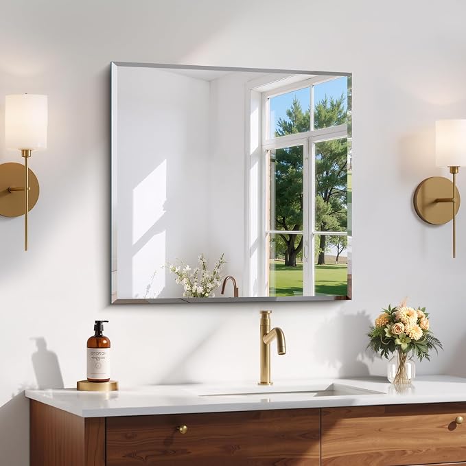 CILIBER Beveled Mirror, 24x24 Square Bathroom Mirrors for Wall, 3mm Tempered Glass Frameless Vanity Mirror Over Sink with Beveled Edge for Bathroom,Bedroom,Living Room and Entryway