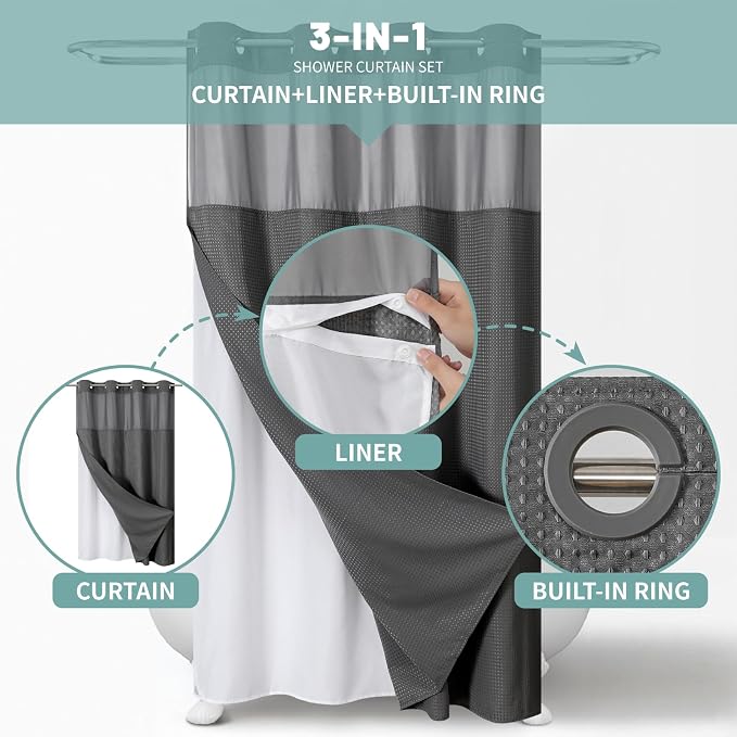 No Hook Waffle Shower Curtain with Snap-in Liner, 60x74 Inch, Charcoal | 230GSM waffle weave fabric, waterproof liner set with 2 bottom magnets, mesh window, washable, for shower stalls or bathrooms