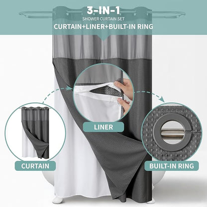 No Hook Waffle Shower Curtain with Snap-in Liner, 60x74 Inch, Charcoal | 230GSM waffle weave fabric, waterproof liner set with 2 bottom magnets, mesh window, washable, for shower stalls or bathrooms
