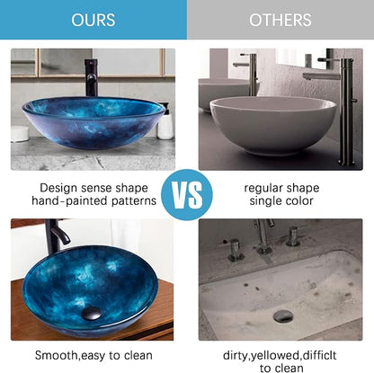 Vessel Sink 16.5" Bathroom Sinks Tempered Glass Blue Art Basin Round Bowl with Faucet Combo Blue,Modern Countertop Bowl Sink for Lavatory Vanity Cabinet