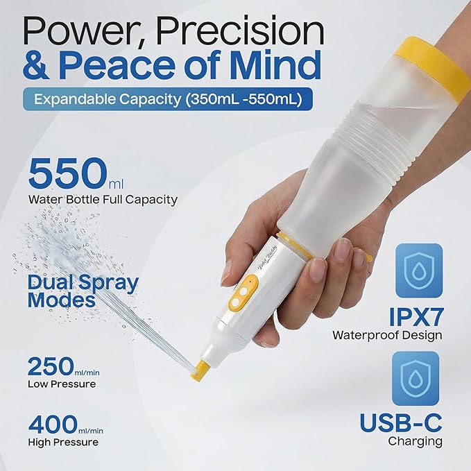 BIDET BUDDY® PureJet Portable Bidet for Travel– Self-Cleaning Retractable Nozzle, 550mL Bottle, IPX7 Waterproof, USB-C Rechargeable, High-Pressure Hygiene Device, Versatile Power Modes – Arctic White