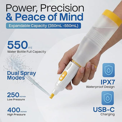 BIDET BUDDY® PureJet Portable Bidet for Travel– Self-Cleaning Retractable Nozzle, 550mL Bottle, IPX7 Waterproof, USB-C Rechargeable, High-Pressure Hygiene Device, Versatile Power Modes – Arctic White