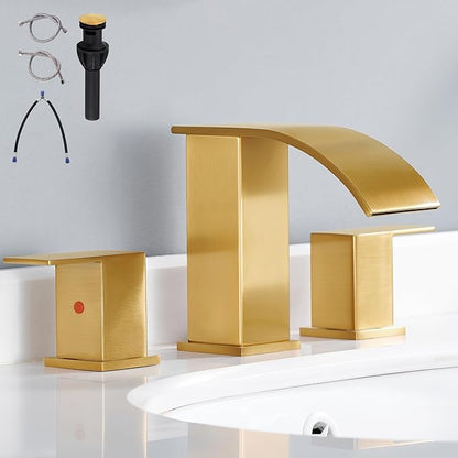 Gold Waterfall Bathroom Faucet 3 Holes - 8Inch Widespread Bathroom Sink Faucet | Two Handles Lavatory Vanity Sink Faucets with Pop-up Drain Assembly & Supply Lines Brushed Gold