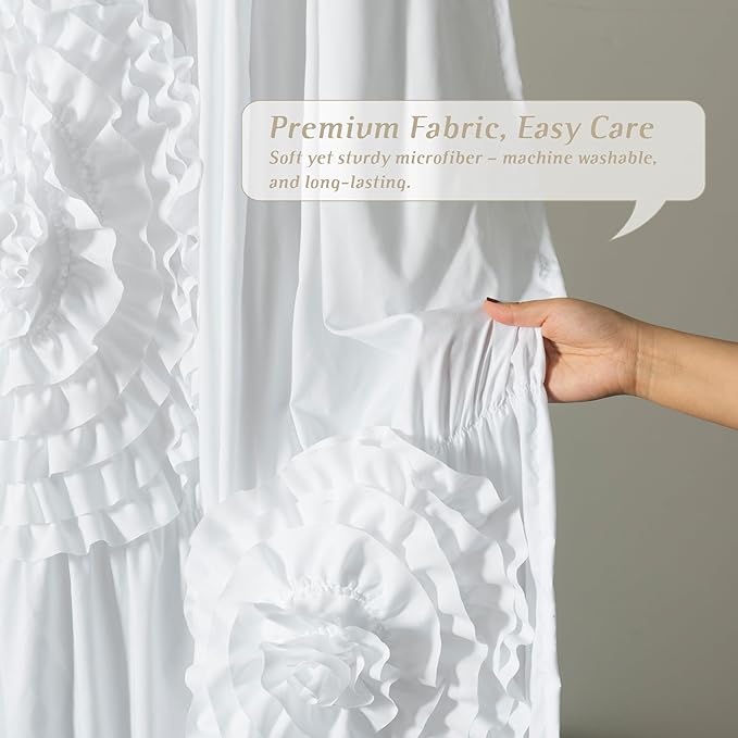 White Floral Ruffle Shower Curtain 72x72 Inches, Elegant Textured Design with Reinforced Stitch Panel, Bathroom Décor with Soft Fabric & Durable Construction, Machine Washable (LQ-41)