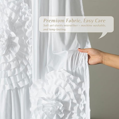White Floral Ruffle Shower Curtain 72x72 Inches, Elegant Textured Design with Reinforced Stitch Panel, Bathroom Décor with Soft Fabric & Durable Construction, Machine Washable (LQ-41)
