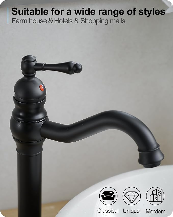 Matte Black Bathroom Faucet, Brass Tall Bathroom Sink Faucet Single Handle, 360 Degree Swivel Vessel Faucet, Bathroom Faucets One Hole with Aerator & Supply Hoses for Shopping Malls Saving Water