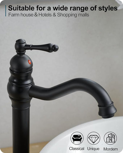 Matte Black Bathroom Faucet, Brass Tall Bathroom Sink Faucet Single Handle, 360 Degree Swivel Vessel Faucet, Bathroom Faucets One Hole with Aerator & Supply Hoses for Shopping Malls Saving Water