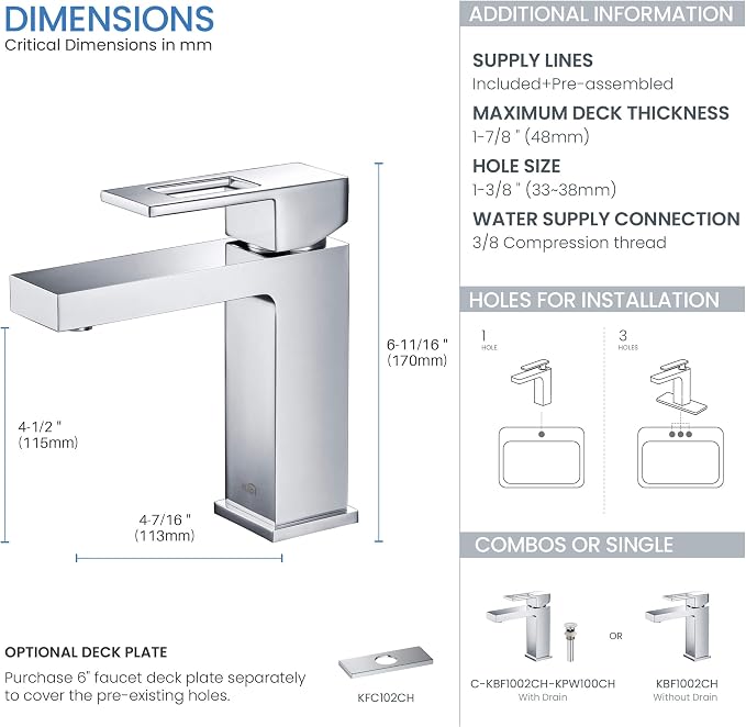 KBF1002 Solid Brass Single Handle Bathroom Sink Faucet, High Arc Cubic Spout Lavatory Faucet in Chrome Finish | Corrosion-Resistant, Modern Design, Easy to Install