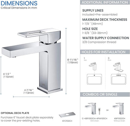 Solid Brass Single Handle Bathroom Sink Faucet with Pop Up Drain, High Arc Cubic Spout Lavatory Faucet | Corrosion-Resistant, Modern Design, Easy to Install (Chrome, KBF1002)