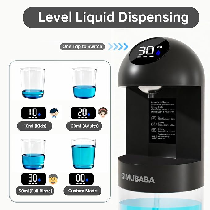 Upgraded Automatic Mouthwash Dispenser with 4 Dispensing Levels for Bathroom-GIMUBABA Smart Mouth Wash Dispenser Sets with 28.3 FL Oz Container,2 Cups & Wall Mount Accessories for Kids & Family(black)